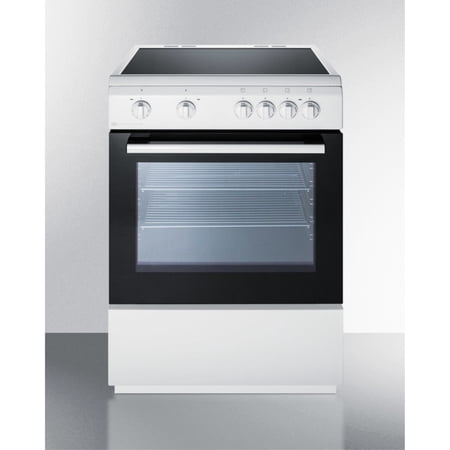 24" wide smooth top electric range in slide-in style and white finish, with storage drawer and large oven window in black glass