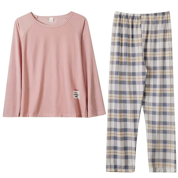 ZSQDM Women's Sleepwear Fall Sets For Women Casual Crewneck Plaid Pajama Tops Loose Fit 2 Loungewear Wide Leg Pants With Pocket Pink L