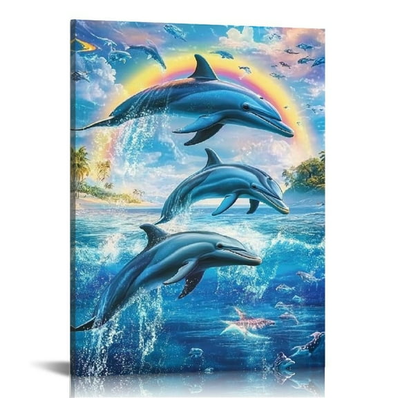 ZFLMY Dolphins Under Rainbow Wall Art Hanging Picture Canvas Artwork Painting Vertical for Home Office Decor 12x16in