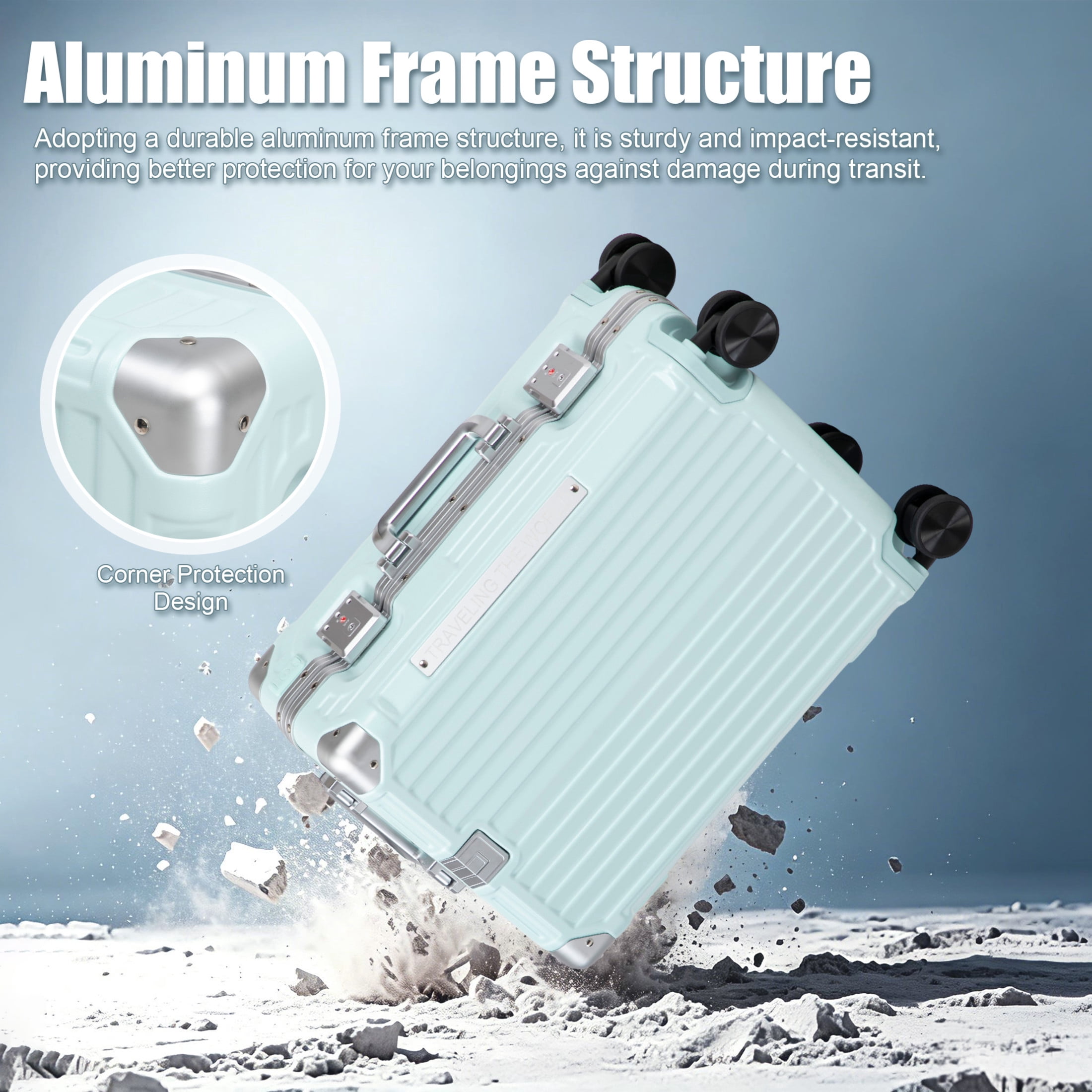 GDF Studio 20" Aluminum Frame ABS Carry-On Luggage with Charging Port & Cup Holder, Spinner Wheels Travel Trolley, Blue