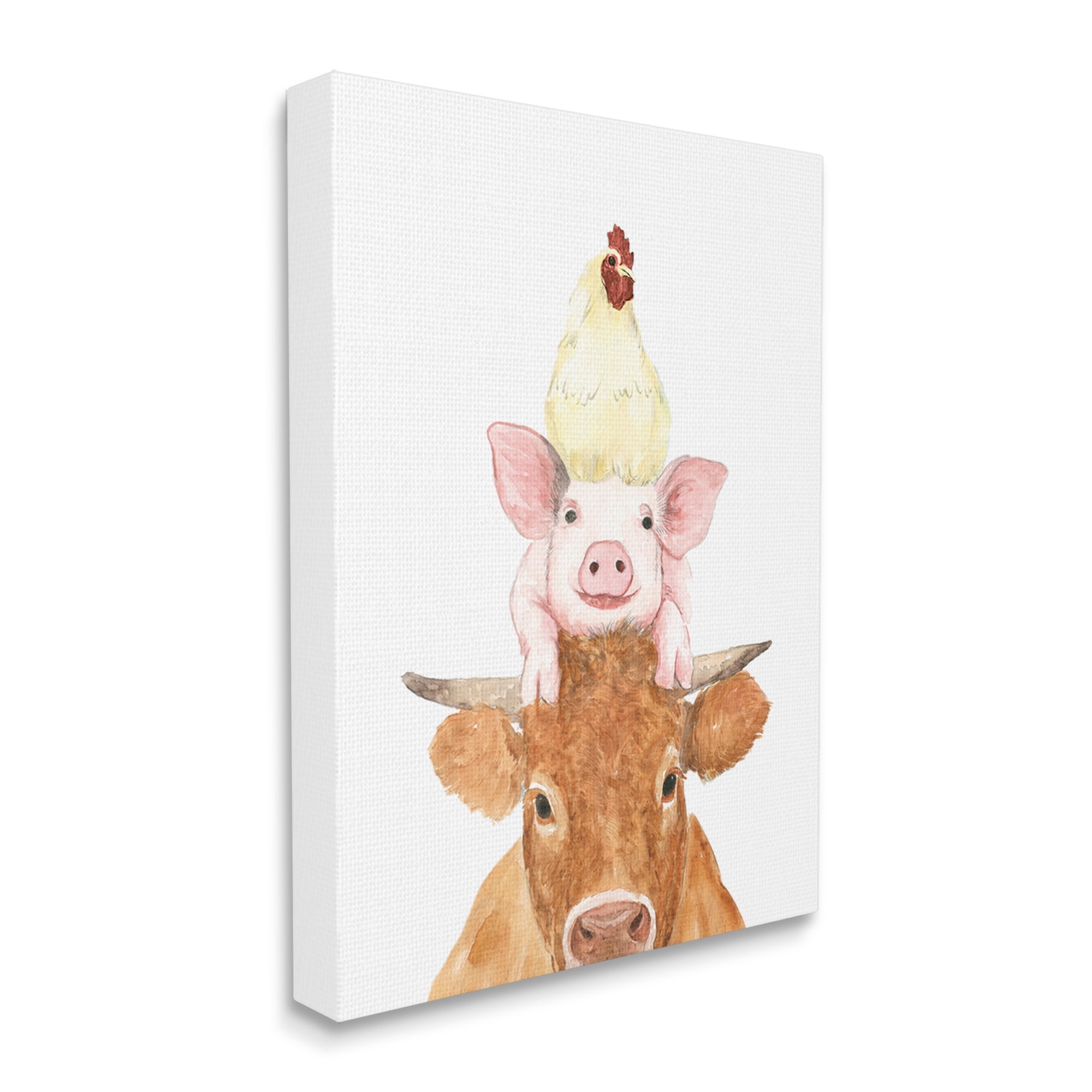 Stupell Industries Farm Animals Stacked Cute Illustration Cow Hen Pig Canvas Wall Art, 24 x 30, Design by White Ladder