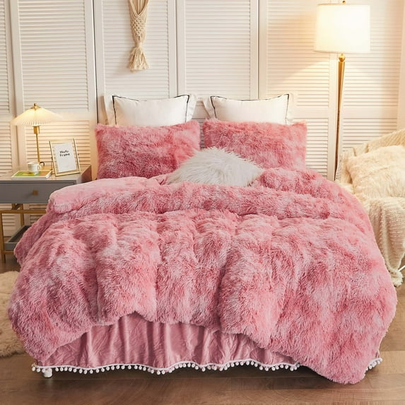 LIFEREVO 3 Pieces Luxury Shaggy Faux Fur Duvet Cover Set Soft Fluffy Fuzzy Comforter Cover Set Ombre Marble Print Furry Bedding, 1 Long Plush Duvet Cover+2 Pillowcases, Zipper Closure, Old Pink, King