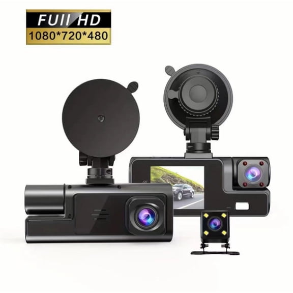 FZJUCX 3 Channel Dash Cam Front and Rear Inside, 1080P Triple Car Camera with WiFi, 64GB Memory Card Included, 2.0” Screen, G-Sensor, Loop Recording, IR Night Vision