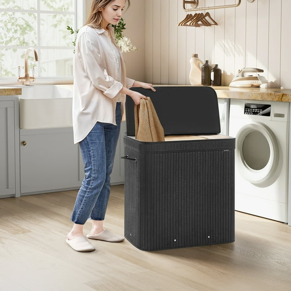 150L Laundry Hamper with Lid Bamboo Laundry Basket Removable Machine Washable with Handles for Laundry Room Bedroom Ink Black