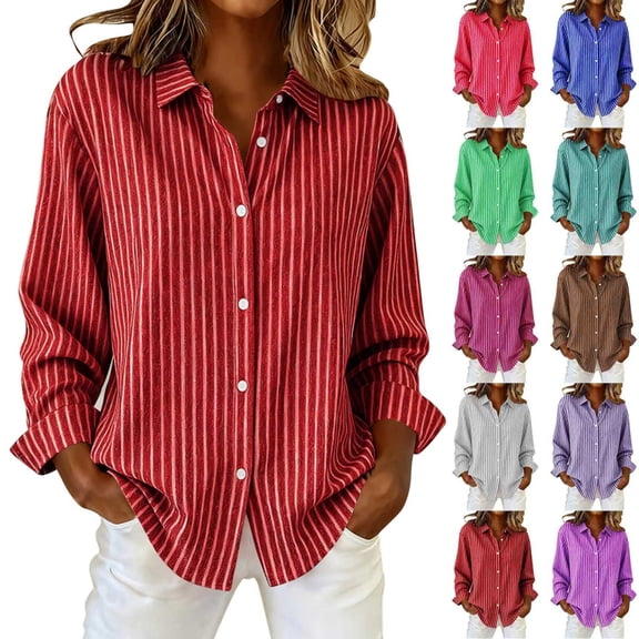 Luvrsol Womens Button Up Shirts Striped Blouse Collared Shirt Loose Fit for Business Casual S-2XL