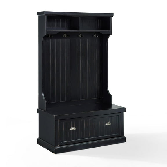 HomeStock Rustic Romance Hall Tree, Entryway Bench with Coat Rack and Shoe Cabinet, Distressed Black, 64.5 x 40 x 18.5 inches, Hall Tree with Coat Hooks, Ideal for Entryways and Hallways