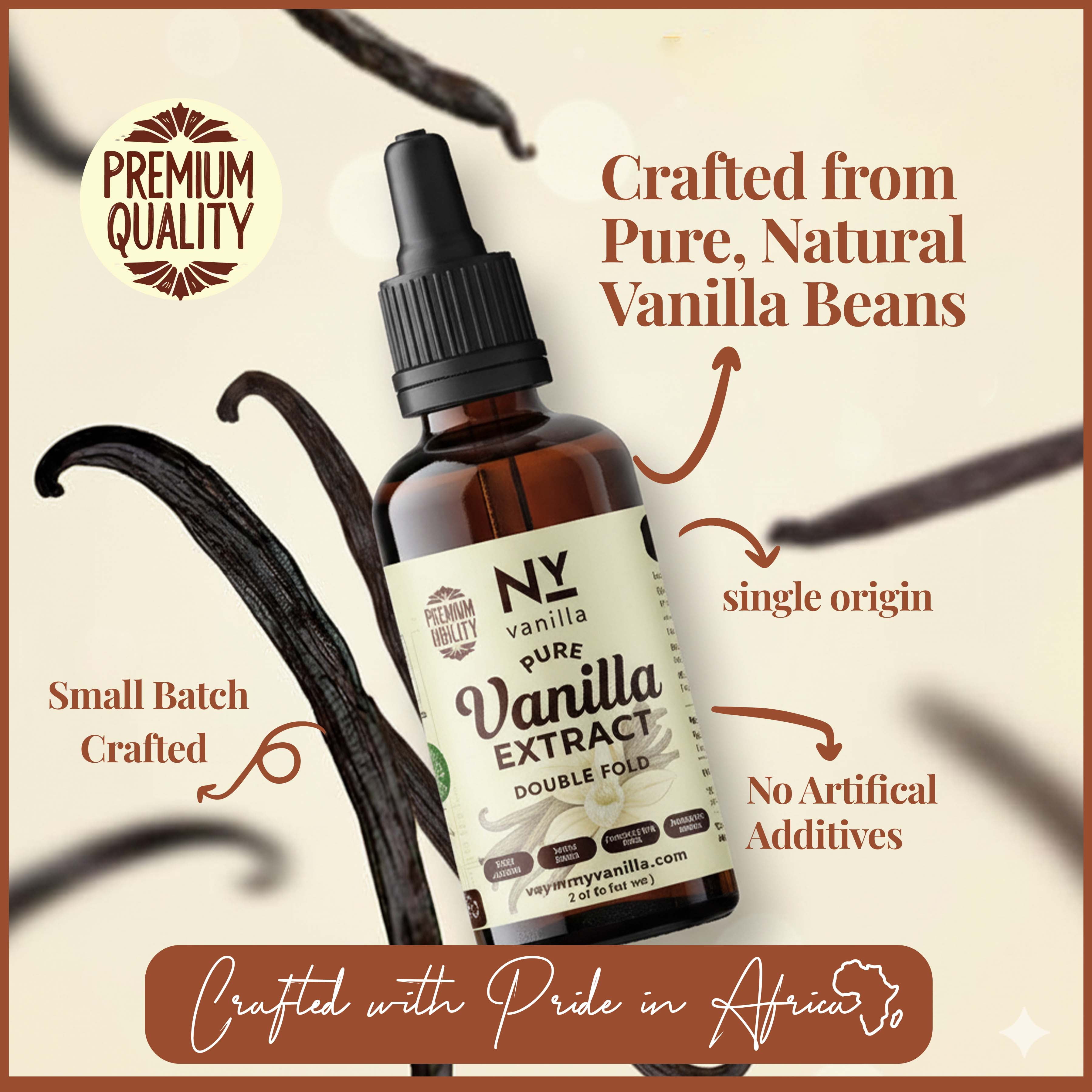 NY Vanilla Pure Vanilla Bean Extract Double Fold, 3.4 oz (100 ml), Non-GMO, No Additives, Premium Vanilla Flavor for Baking, Ice Cream, Cakes, Cookies & Cooking