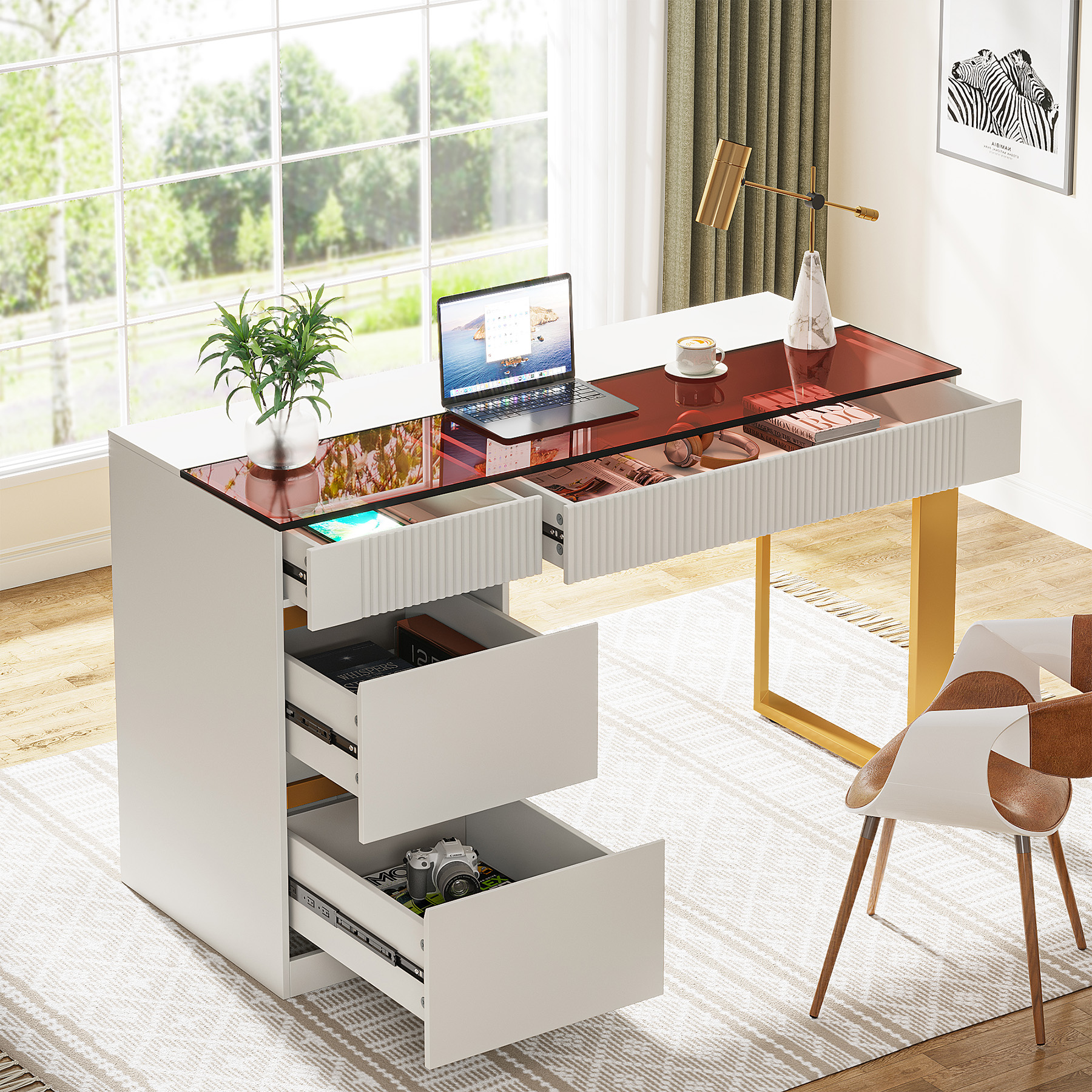 Tribesigns Modern Writing Desk Computer Desk with 4 Drawers, Makeup Vanity Desk with Visual Glass Top for Home Office