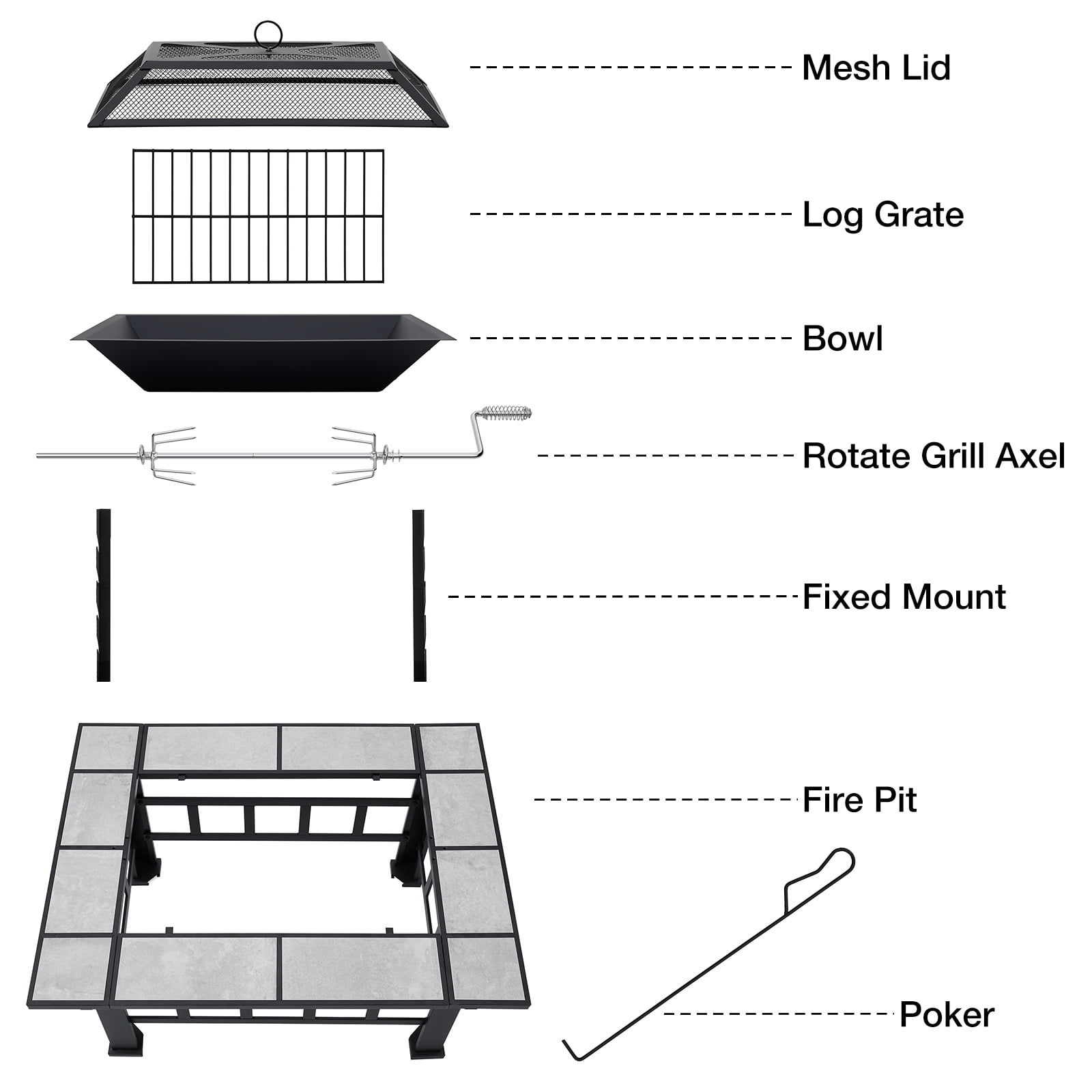 SinglyFire 37 Inch Fire Pit, Square Metal Wood Burning Fire Pit with BBQ Grill Grate & Tile Top Lid for Outdoor, Camping, Patio Heating