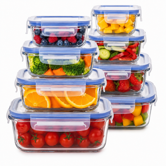 AISOON 8-Piece Glass Food Storage Container Set with Leak-Proof BPA-Free Lids, Microwave and Dishwasher Safe
