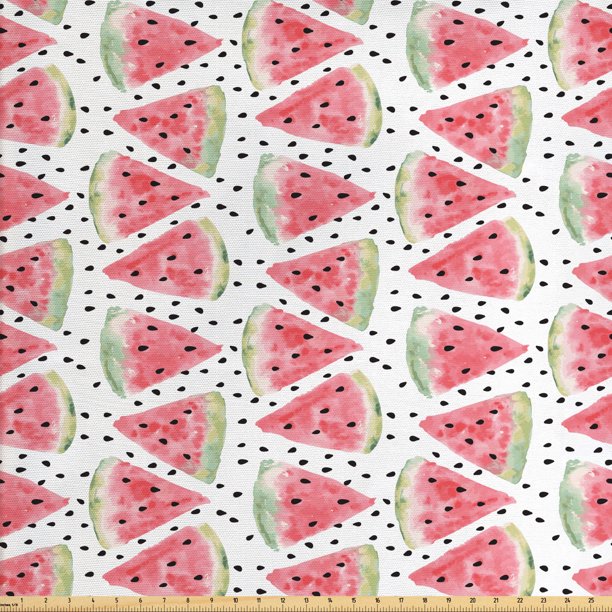 Watercolor Fabric by The Yard, Pattern of Juicy Pieces Watermelon with