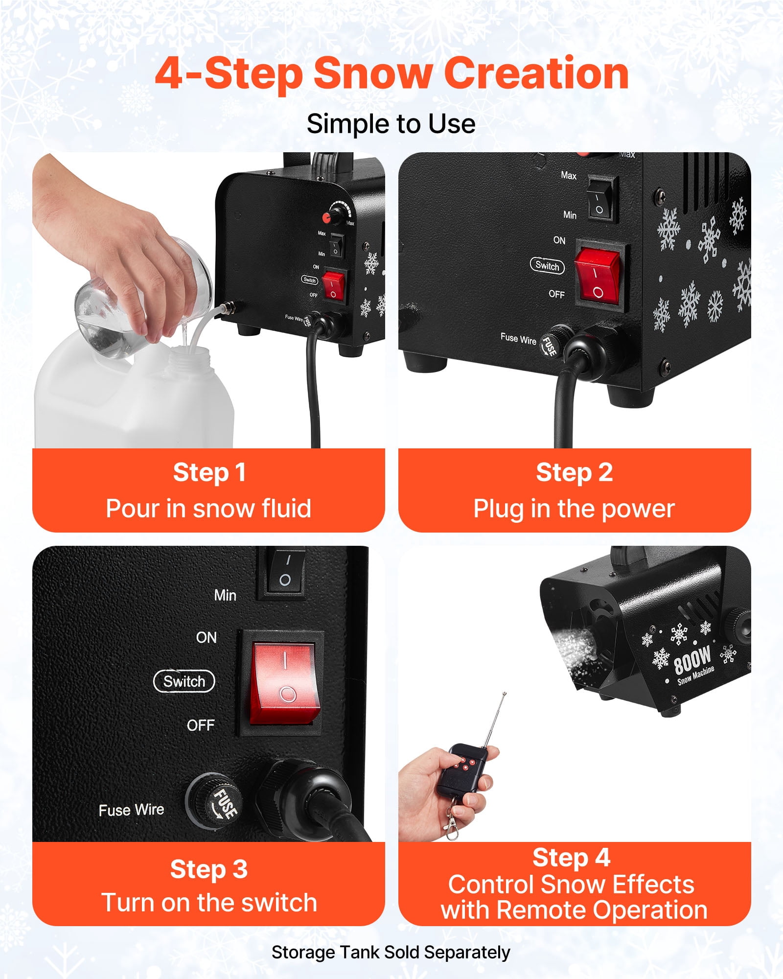 VEVOR Snow Machine, 800W Handheld/Hanging Snow Maker, Portable Wireless Remote Snowmaking machine with 1L Tank & Handle, Outdoor & Indoor Snowflake Maker for Christmas Party Stage Effect