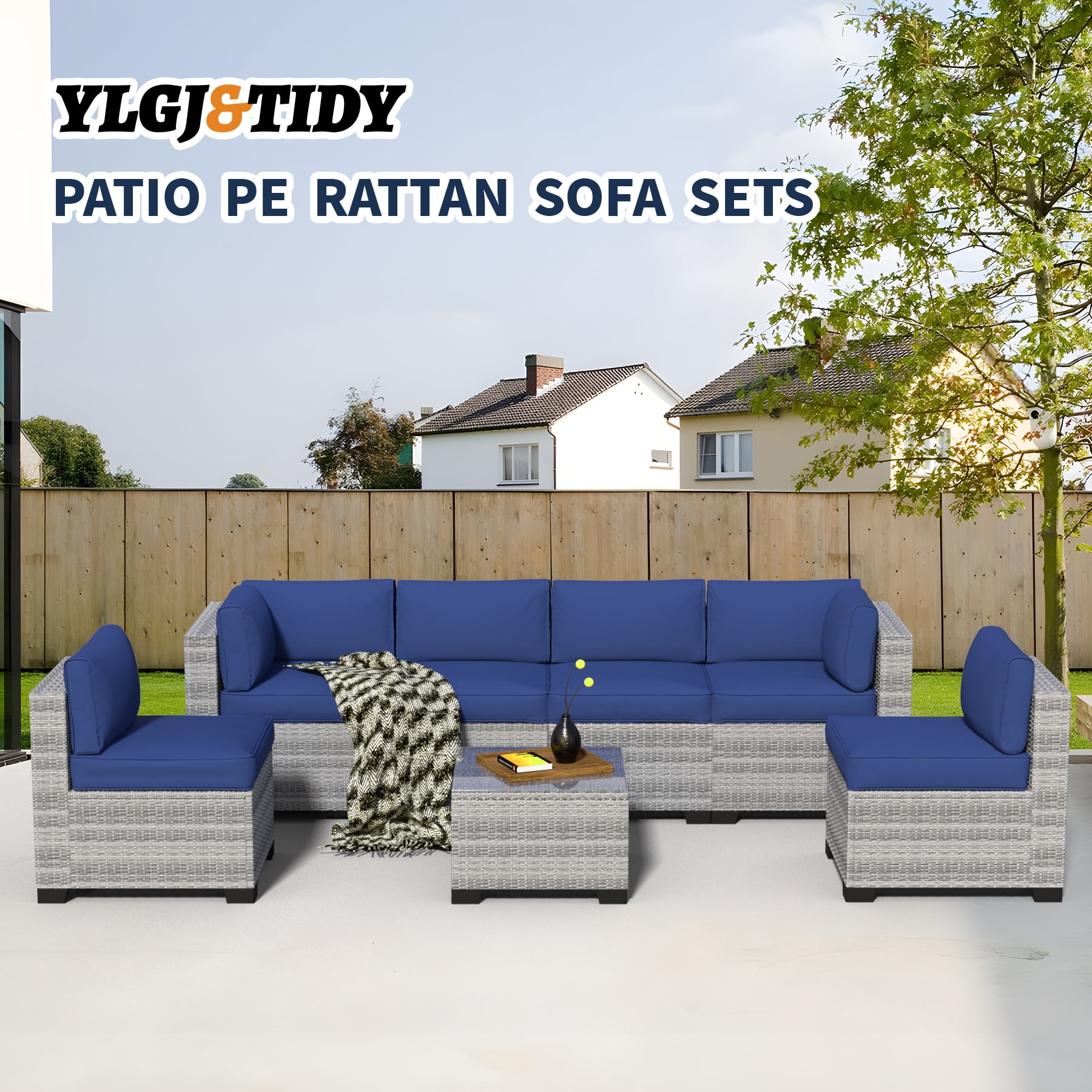 7-Piece Outdoor Patio Furniture Set, All-Weather Rattan Sectional Sofa with Waterproof Cushions & Tempered Glass Table, Perfect for Garden, Poolside, Backyard (Navy Blue)