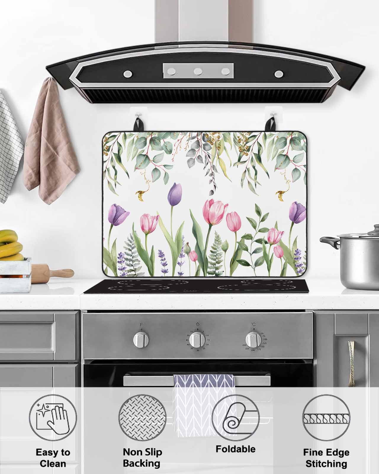 Large Induction Cooktop Protector Mat Pink Tulips Stove Top Covers for Electric Stove, Spring Floral Green Eucalyptus Leaves Decorative Stove Burner Cover Mats, Glass Top Stove Cover