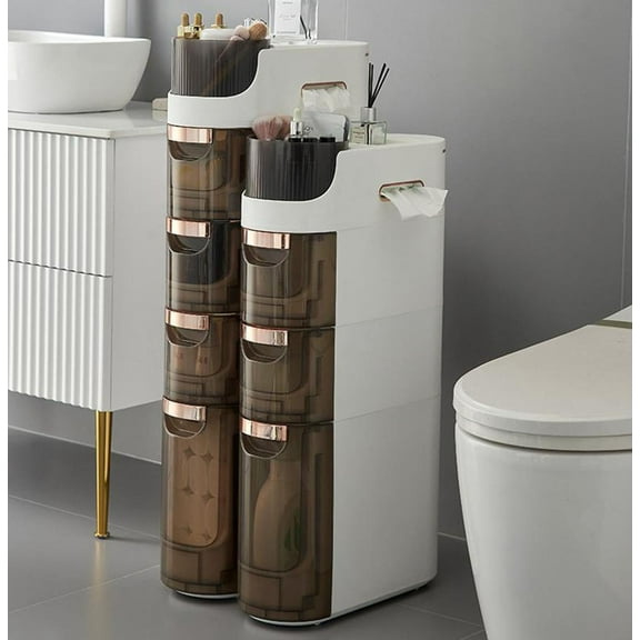 4 Tiers Mobile Narrow Storage Cabinet with Large Capacity, Bathroom Floor Cabinet with Wheels Free Slim Storage Cart with Drawers for Living Room Bedroom Bathroom