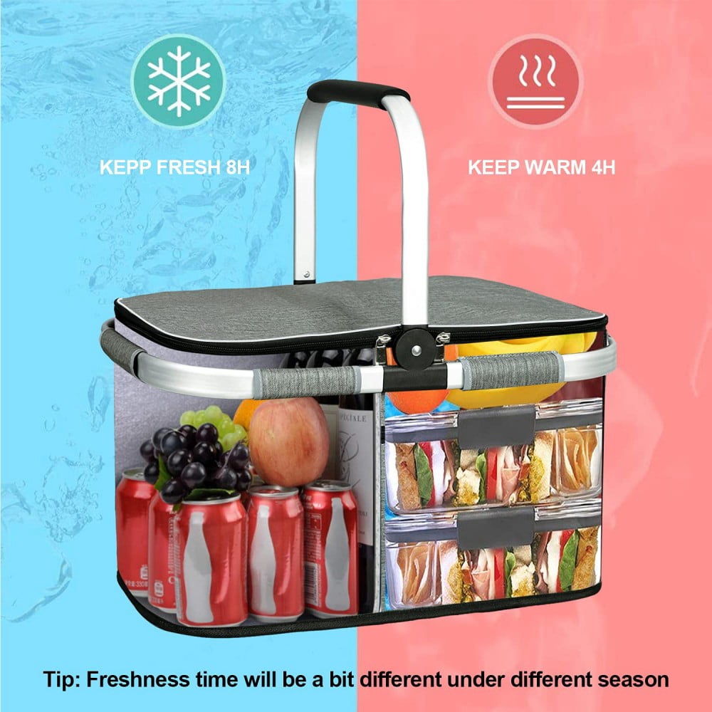 35L Large 2 Layers Picnic Basket Waterproof Thermal Insulation Foldable Aluminum Alloy Frame with Removable Inner Bag for Picnic Camping Fishing Shopping Kitchen Car Trunk