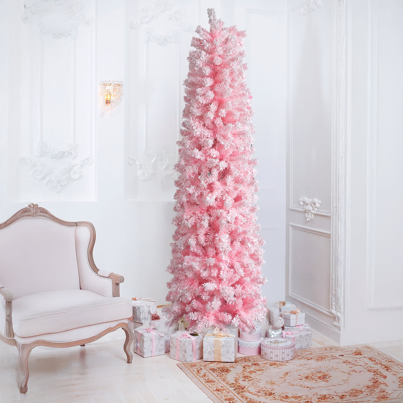Astoutdoor 7.5 ft Snowy Pink Flocked Artificial Pencil Christmas Tree with 641 Branch Tips and Sturdy Stand