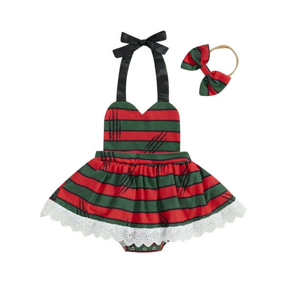 Michellecmm Newborn Baby Girl Halloween Outfit Infant Sleeveless Halterneck Patchwork Striped Romper Dress with Hairband