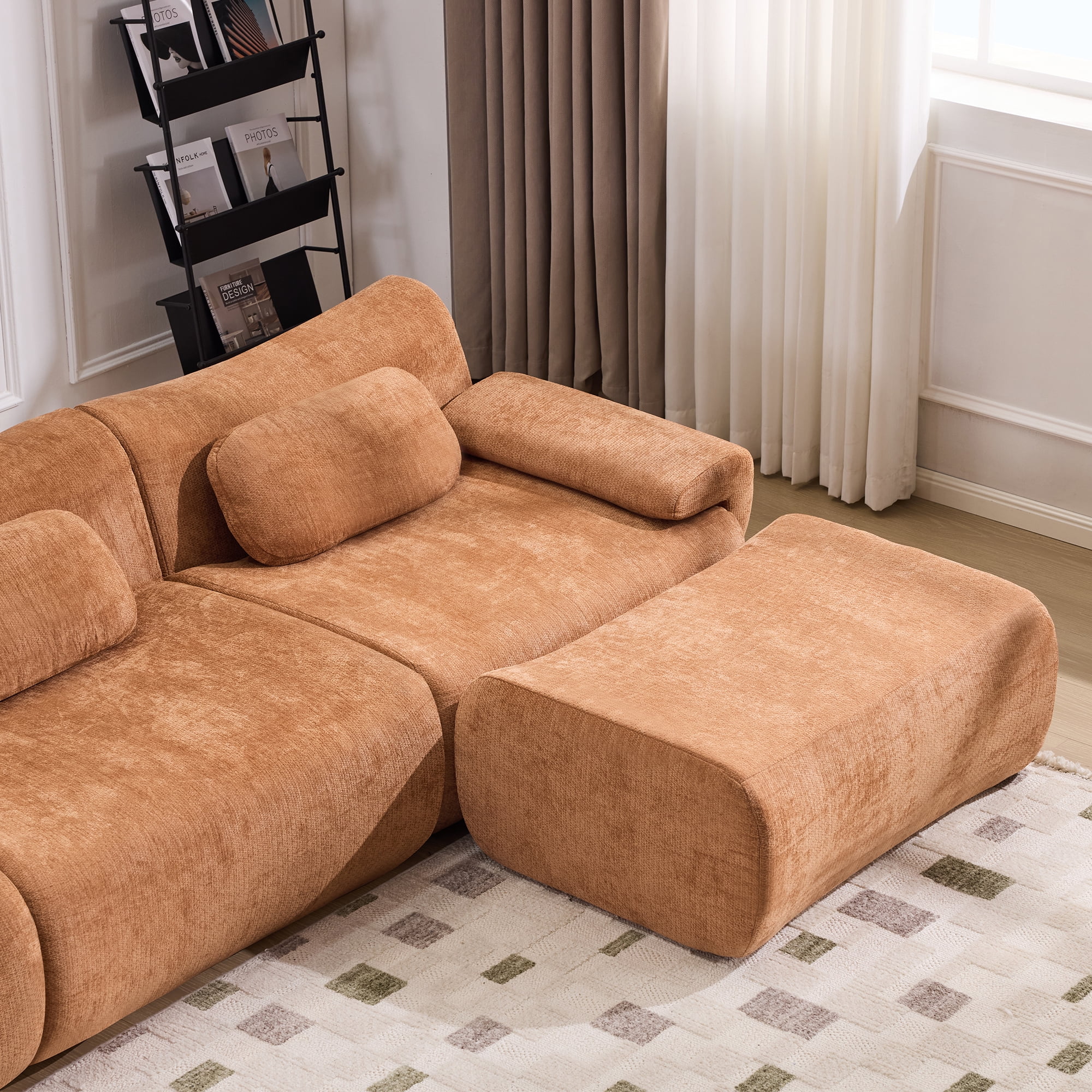 Gewnee 107.9"Modular Sectional Sofa,Upholstered Cloud Couch with Deep Seat & Ottoman,L-Shaped Chenille Sofa for Living Room.Orange