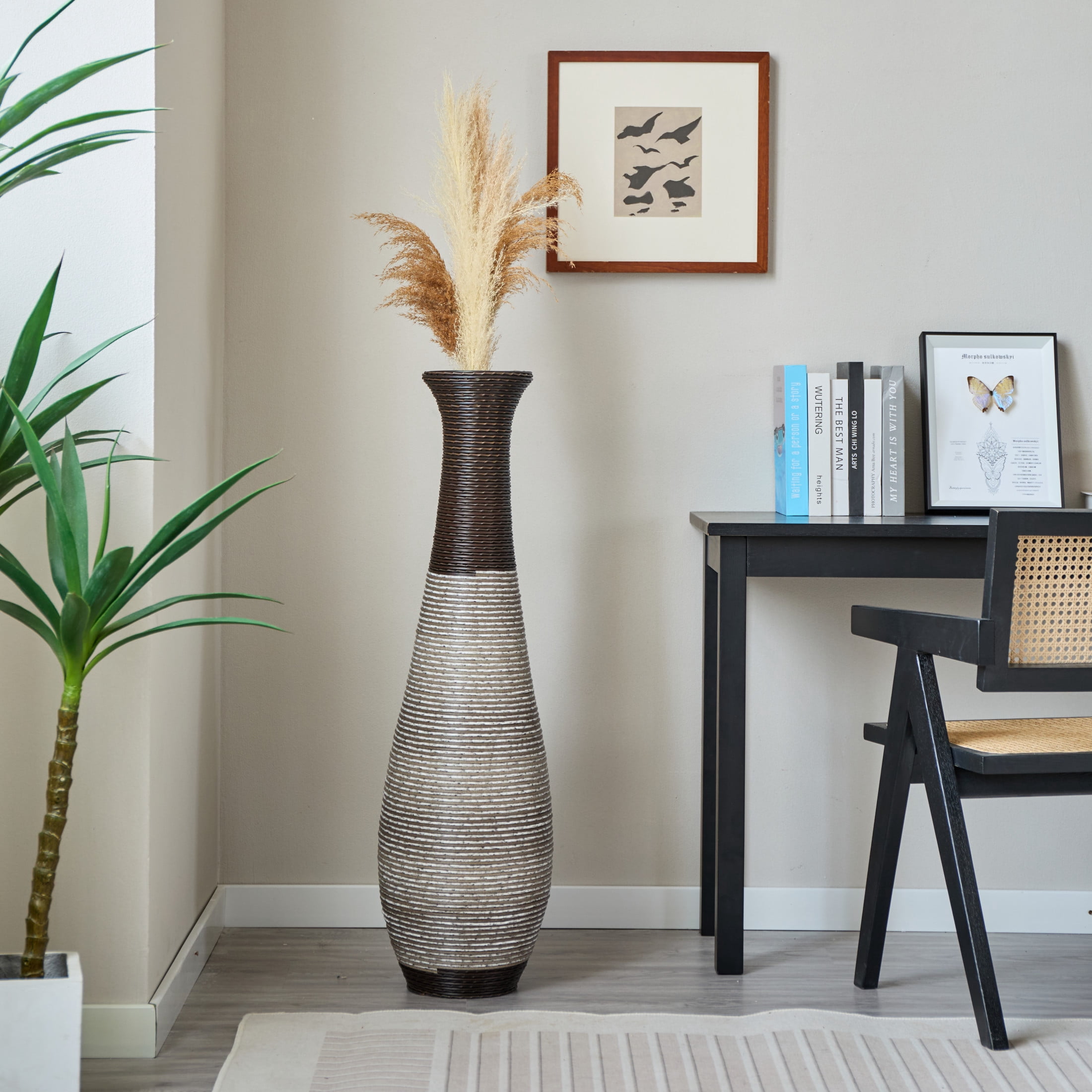Noble House 40.2" Tall Hand-Woven PVC Rattan-Look Floor Vase, Textured Decorative Vase, Black+Gray