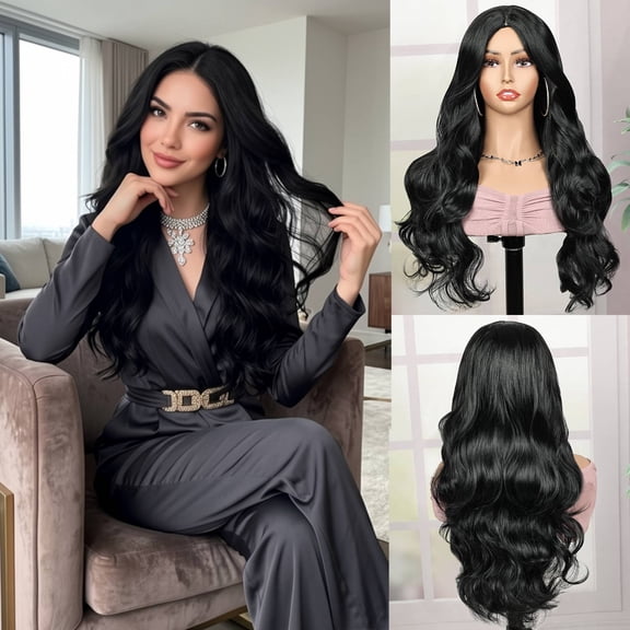 Phocas 21" Long Deep Wave Wig No Bangs Black - Glueless Synthetic Wavy Wig for Women with Natural Hairline - Heat Resistant Daily Wear