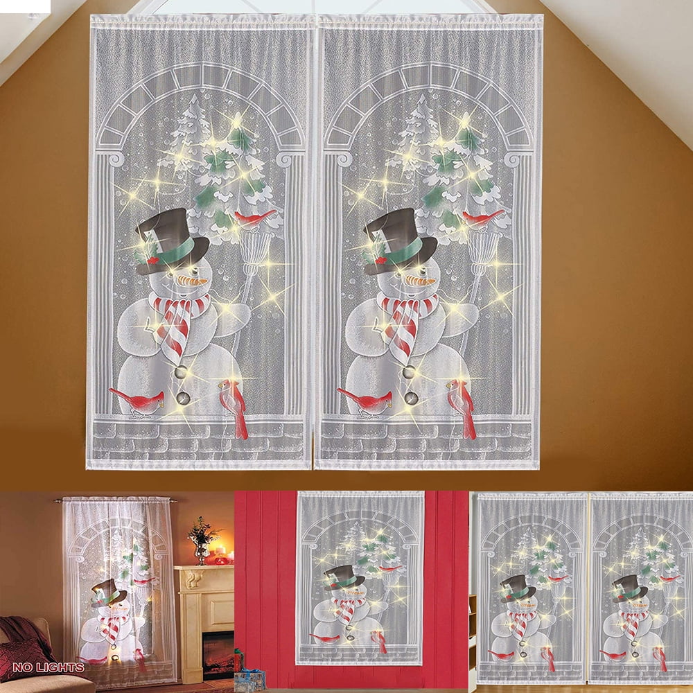 CUH Rod Pocket Panel Lace Snowman Living Room Light Filtering Christmas Curtains Xmas Treatments Kitchen Window Curtain