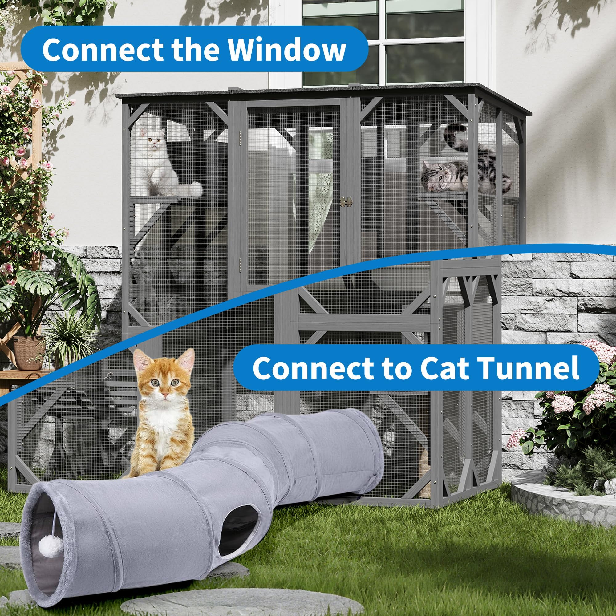 Ataucjin Walk-in Window Catio Outdoor,70'' Wooden Cat Enclosure for Mulitiple Cats with Waterproof Roof,Feral Cat Shelter with Platforms,Hammock, Scratching Post and Resting Box,Walk in Cat Kennel
