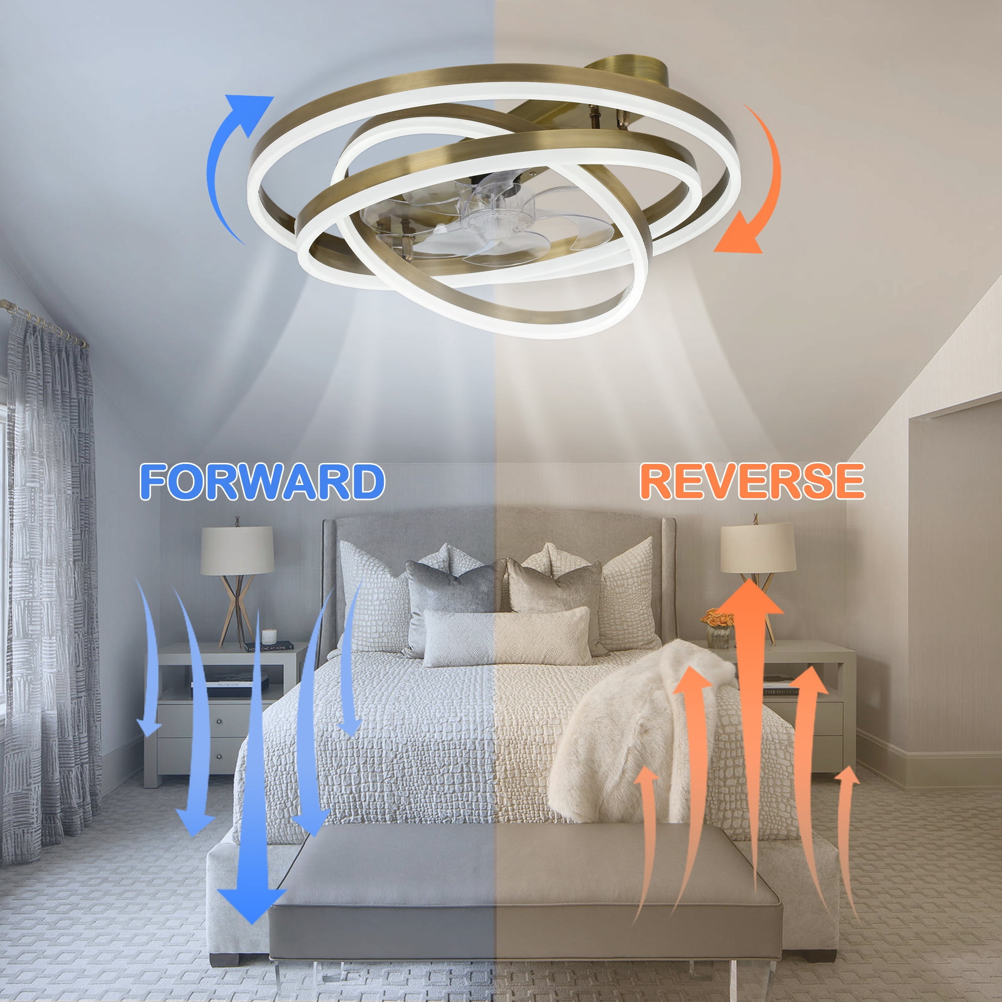 24" Bronze Modern Reversible Ceiling Fan with Dimmable LED Light, 6-Speed DIY Shape Shade with Remote and APP Control