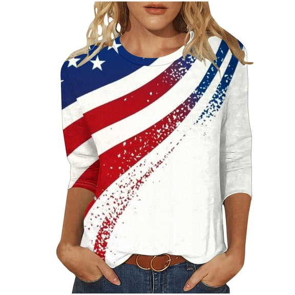 oqasdz T Shirts for Women Independence Day 3/4 Sleeve Crew Neck Patriotic Graphic Top Loose Fit 4th of July Vacation Clothes