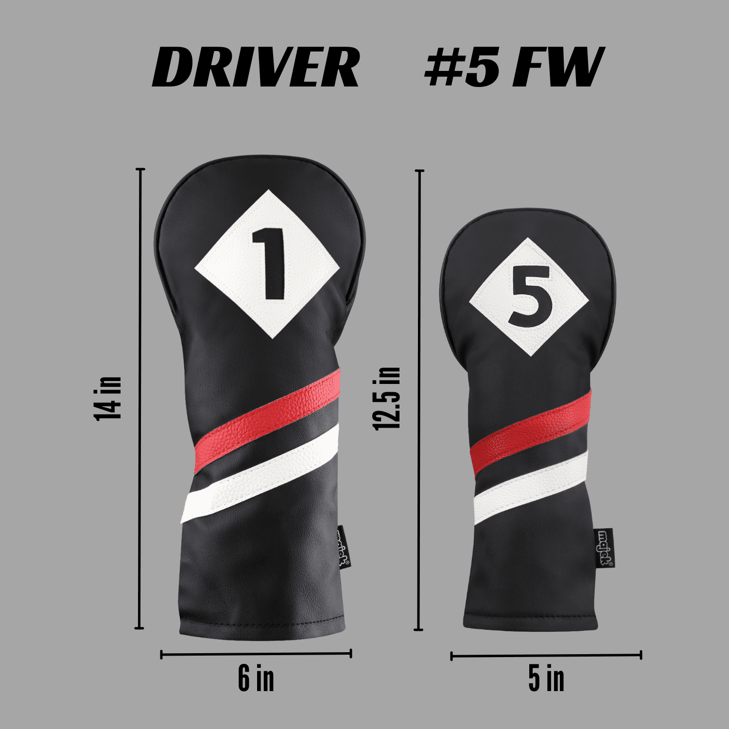 Majek Retro Golf Headcovers Black Red and White Vintage Leather Style 1 & 5 Driver and Fairway Head Cover Fits 460cc Drivers Classic Look