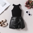 thumbnail image 2 of Coerni Toddler Little Girl 𝙲𝚛oss Sleeveless Crop Top PU Leather Skirt Set Kids 2pc Clothes Ribbed Knit Vest Top Outfits, 2 of 4