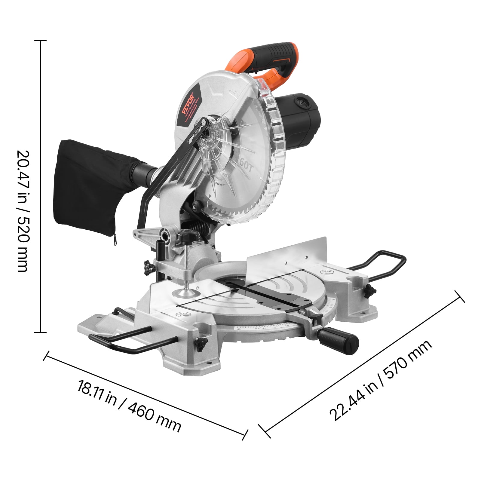 VEVOR Compound Miter Saw, 10-Inch Blade, 15 Amp Motor, 60-Tooth, Corded Single Bevel 0-45°, LED Precision Alignment, Angle Adjustable, Lightweight Cast Aluminum Base, for Wood, Composite Decking