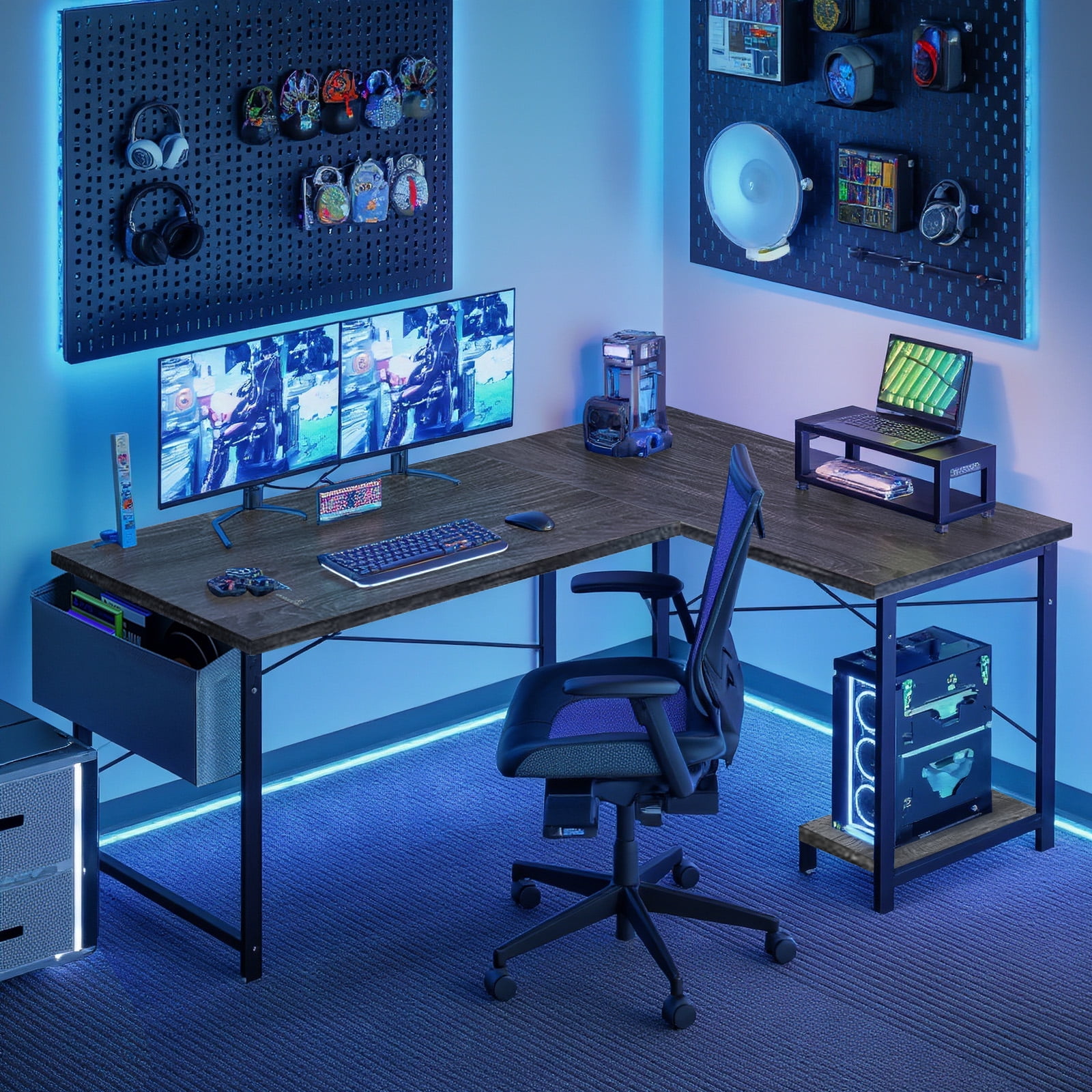 TINKLE WELL 50-inch L-Shaped Computer Desks, Corner Gaming Table with Wooden Desktop, Reversible Design, CPU Stand and Side Bag for Home Office, Study, Gray