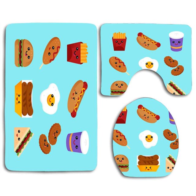 Juego de alfombras de baño ABPHQTO Comida Kawaii 3 Piezas Alfombra de Baño Contorno Tapa de Inodoro