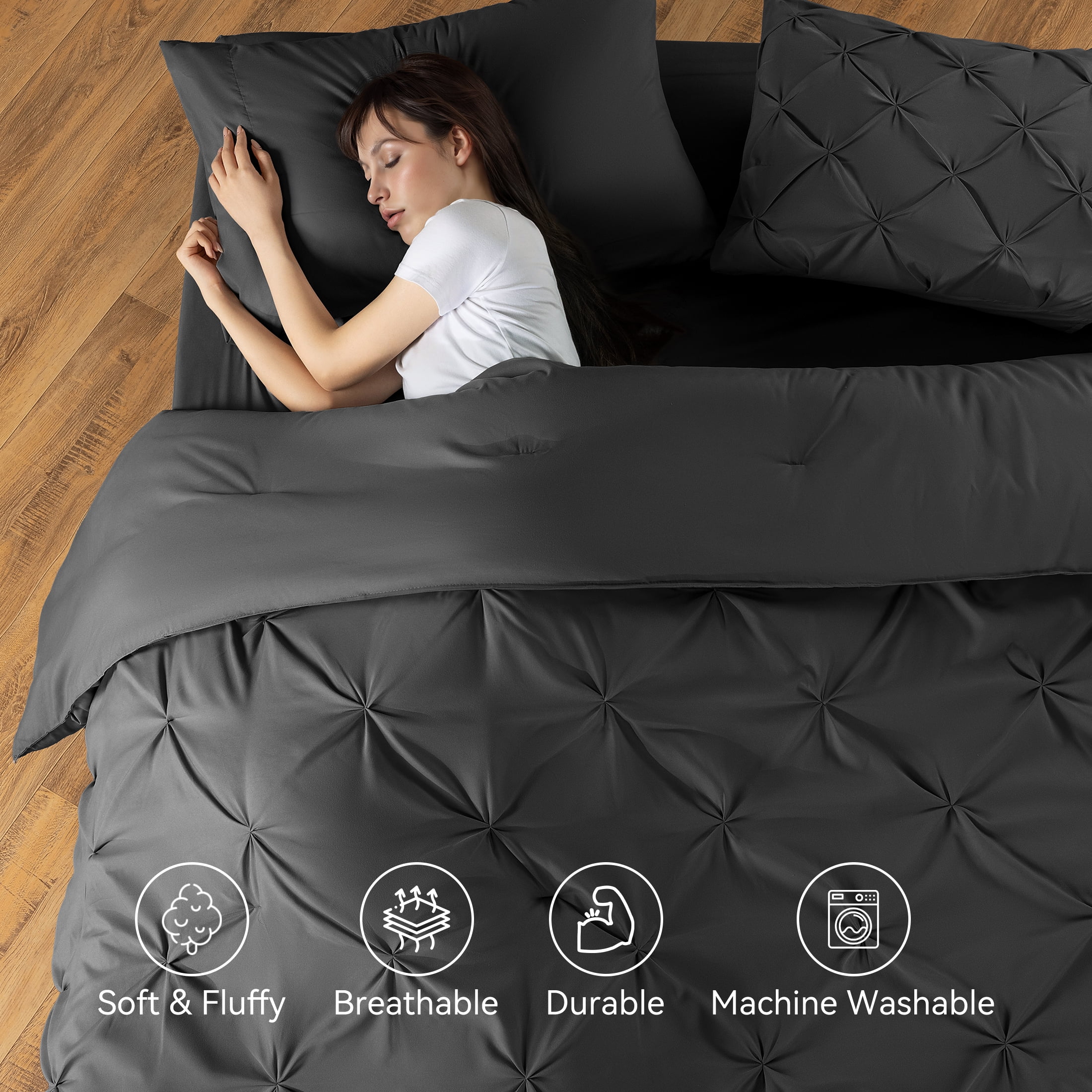 SONORO KATE Twin XL Comforter Set, 5 Pieces Bedding Sets for All Season, Bed in a Bag with Pleated Comforter - Flat Sheet & Fitted Sheet - Pillowcases & Shams, Black