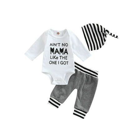 

wybzd Infant Baby Boys Clothes Letter Print Long Sleeve Romper Striped Long Pants Hat Outfits