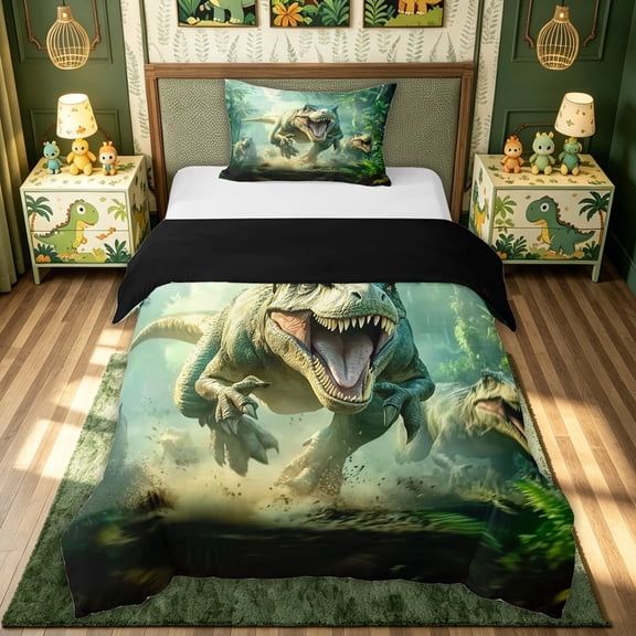 meiyoeat Dinosaur Animals Twin Duvet Cover for Kids Boys, Jungle Scene Twin Bedding for Bedroom, Green, Black Reversible, 2 Pieces