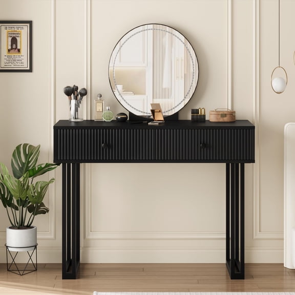 Modern Black Makeup Vanity Desk with Mirror and Lights, Vanity Table with 3 Color Adjustable Brightness, 2 Drawers for Bedroom Dressing Room