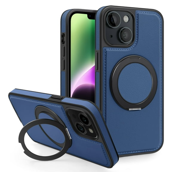 Allytechgroup Magnetic Case for iPhone 14, Built-in Invisible 360° Rotatable Kickstand, Compatible with MagSafe, PU Leather Slim Shockproof Protective Phone Case Cover, Blue