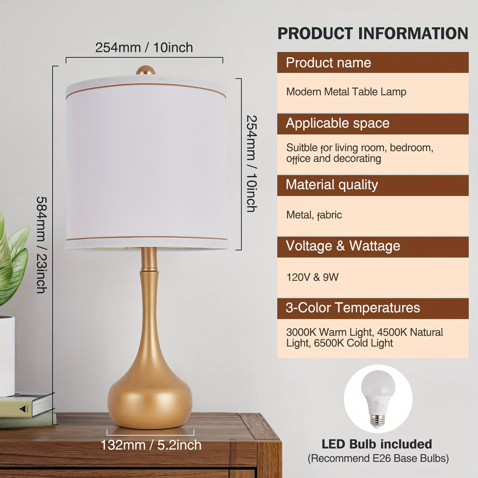 2-Pack 23 Inch Farmhouse Table Lamps, Golden Metal Frame with 3 Color Temperature Modes, Rustic Modern Bedside Nightstand Lighting for Bedroom Dorm Office Living Room Home Decor