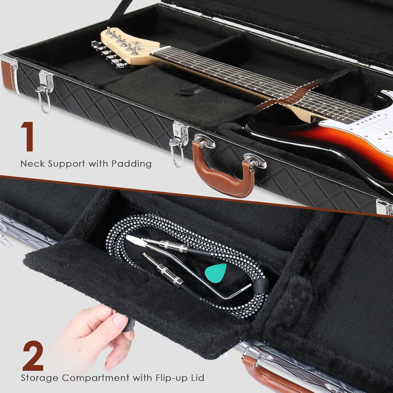 HarmonyStrings Guitar Hard Case, Rectangle Wooden Standard 39-Inch Electric Guitars Hard-Shell Protective Carrying Case for KST/KTL/170 Model with Lock Latch Padding Diamond Black