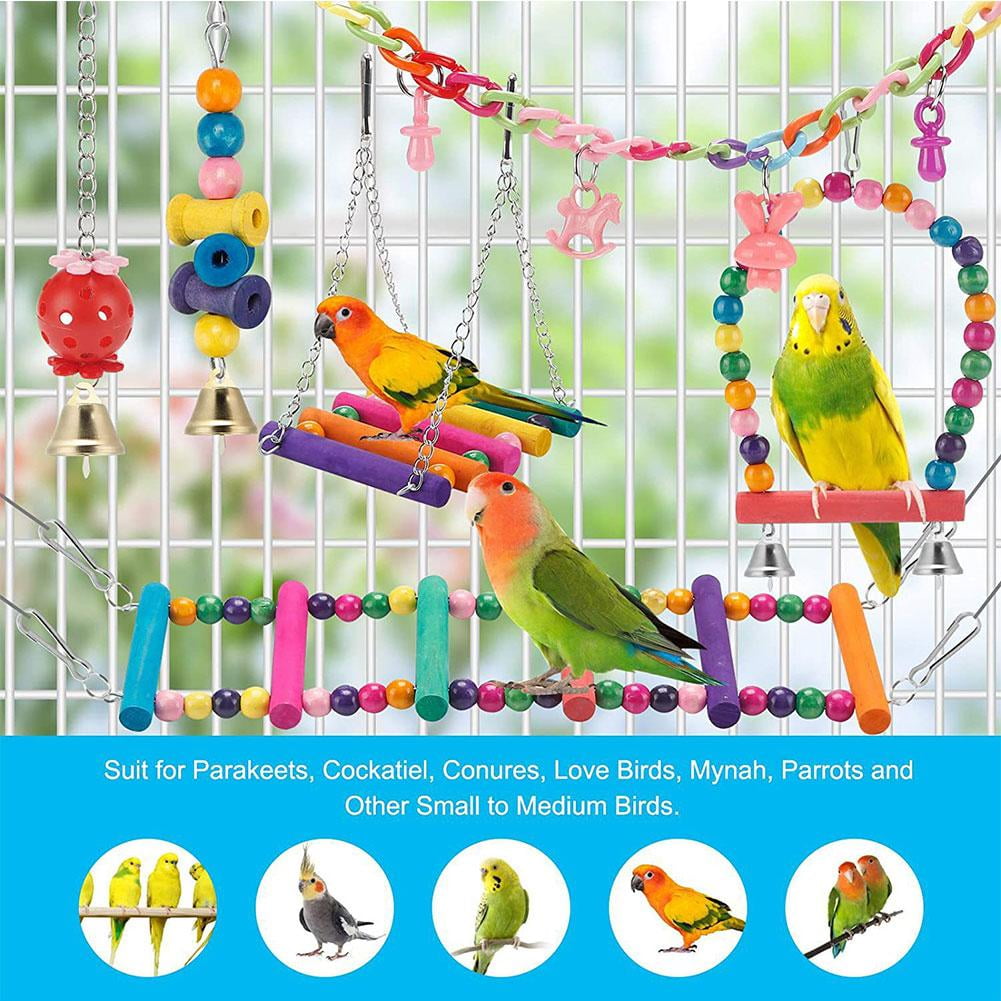 11-Piece Natural Wood Bird Cage Toys Set for Parrots, Parakeets, Cockatiels - Chewable Swing, Beads, and Foraging Fun
