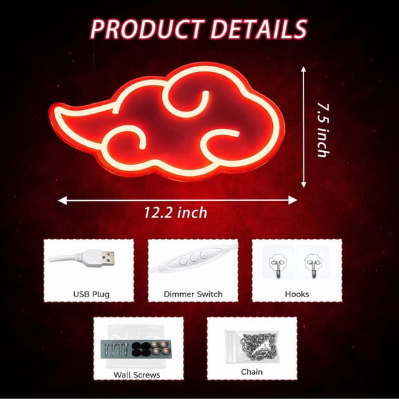 PYAN-Red Cloud Neon Sign, Dimmable LED Neon Wall Light with On/Off Switch, USB Powered Decorative Neon Lamp with Hanging Chain for Bedroom, Gaming Room & Home Decor