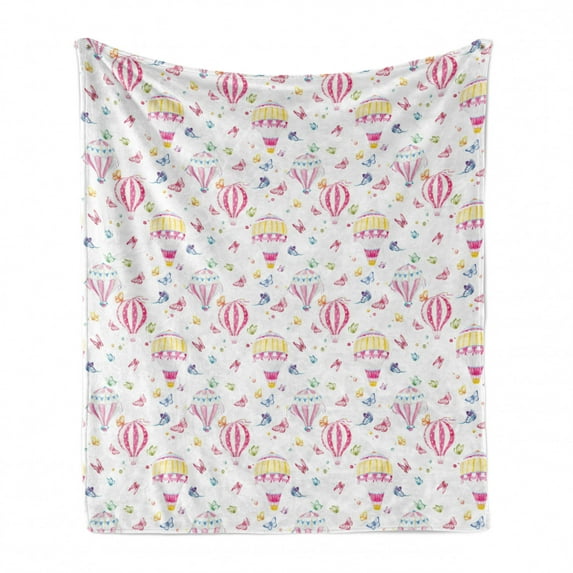 Girly Soft Flannel Fleece Throw Blanket, Watercolor Style Hot Air Balloons with Butterflies Colorful Kids Pattern, Cozy Plush for Indoor and Outdoor Use, 50" x 60", Multicolor, by Ambesonne