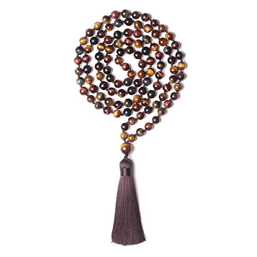 Mala Beads 108 8mm Natural Stone Tibetan Prayer Beads Mala Necklace Hand Knotted Japa Mala Yoga Meditation Beads Tassel Necklaces (Tricolor Tiger Eye)