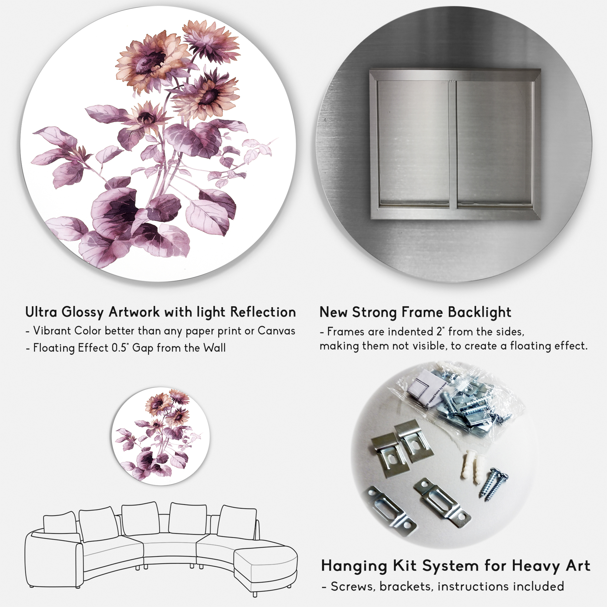Designart 'Purple Wildflowers On White III' Traditional Circle Metal Wall Art 23x23 - Disc of 23