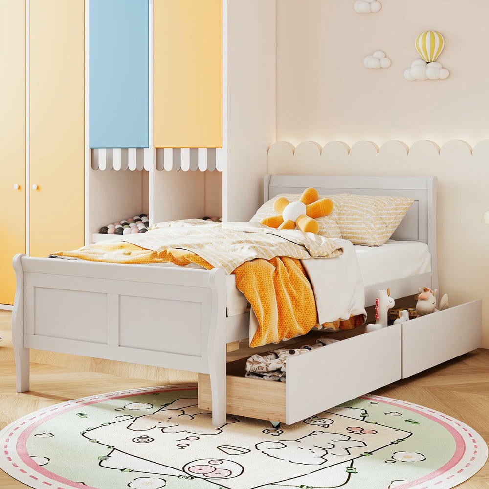 Barara King Twin Size Sleigh Bedroom Bed Frame with 2 Storage Drawers, Wood Bed Platform Frame for Apartment, Bedroom, White