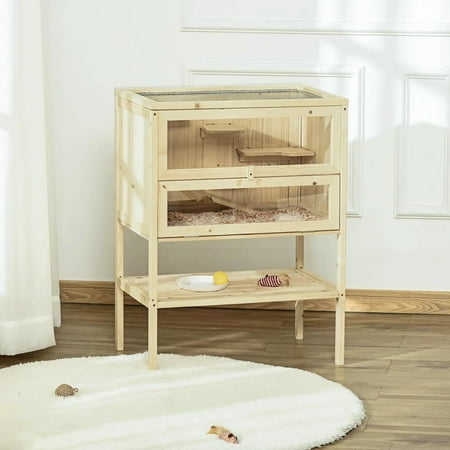 Resenkos Pet Mouse Cage Hedgehog Cage 3-Tier Wooden Hamster Cage Mice and Rat Cage with Openable Top Front Door Shelf Natural