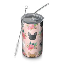 20oz Coffee Tumblers Pink French Bulldog Flowers Florals Stainless Steel Vacuum Insulated Travel Tumbler Coffee Cups Mug with Lid and Straw with Cleaning Brush for Cold & Hot Drinks