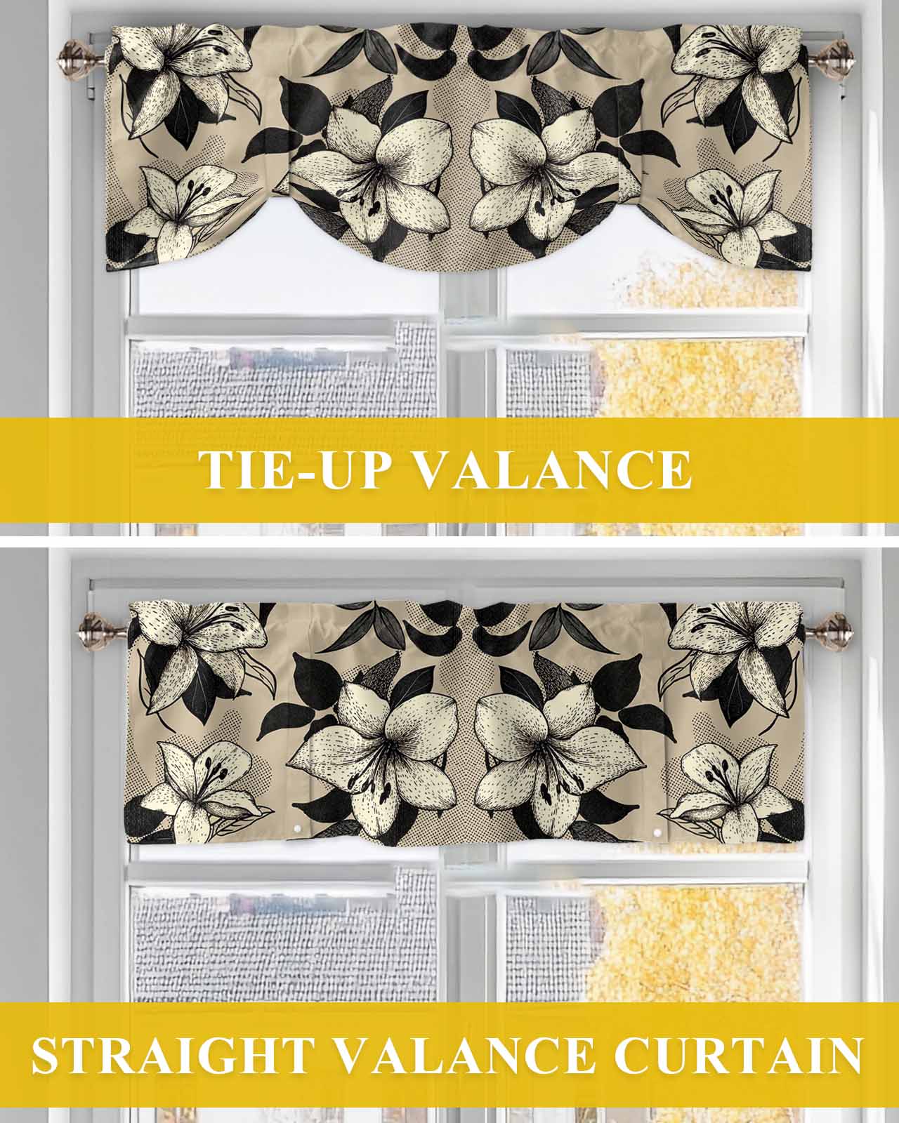 White Flowers Tie Up Valances Curtain, Black Leaf Vintage Khaki Background Kitchen Valances for Windows Decor, Rod Pocket Short Curtains Set for Bedroom/Bathroom, 54"x18"